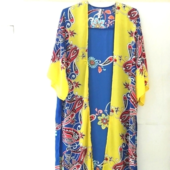 KIMONO ROBE SMOCK DUSTER SWIM COVER-UP ROYAL BLUE YELLOW RED SIZE MEDIUM NWOT - Picture 3 of 6